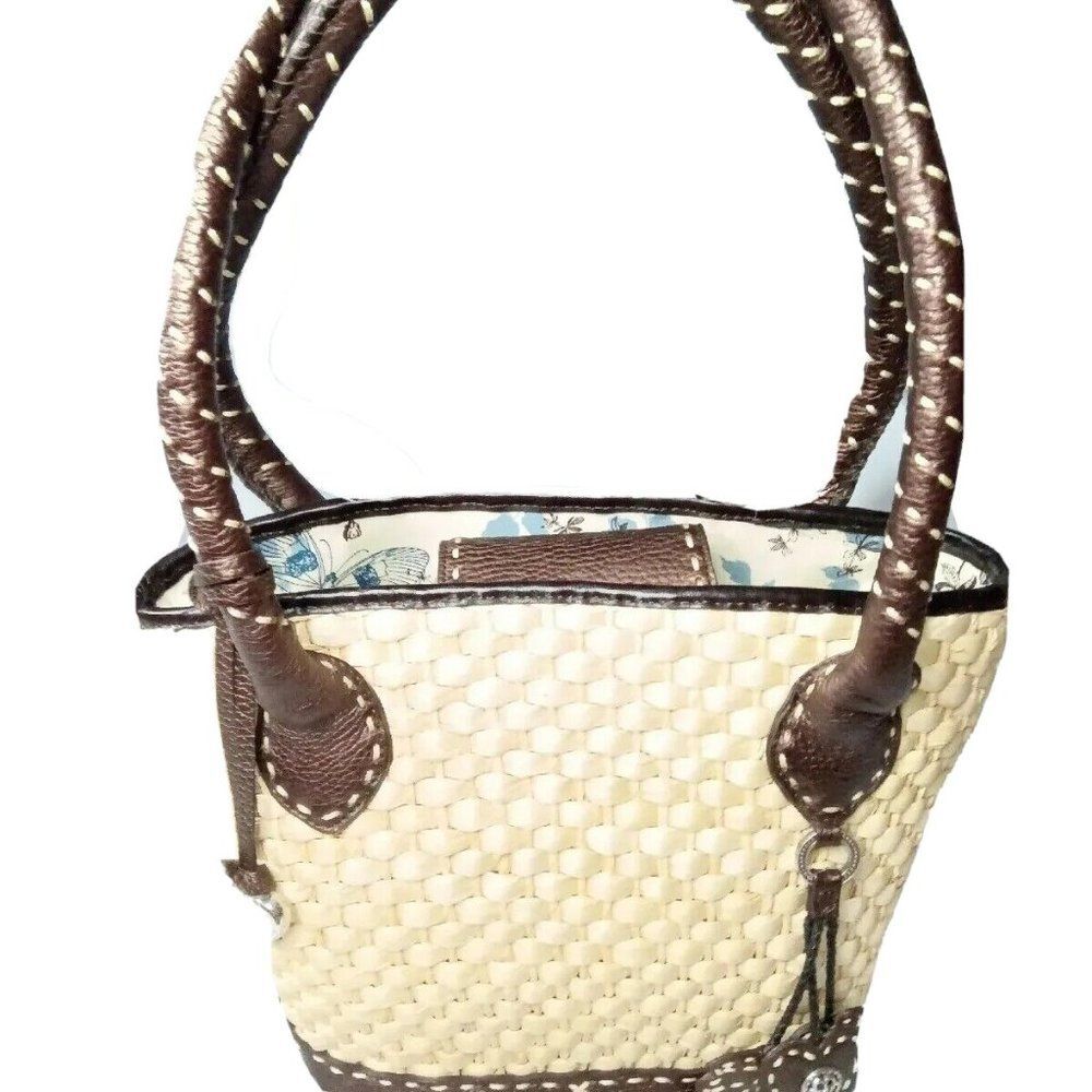 Brighton Straw & Leather Tote Shoulder Bag Silver & Leather Charms Cream & Brown - Picture 5 of 9